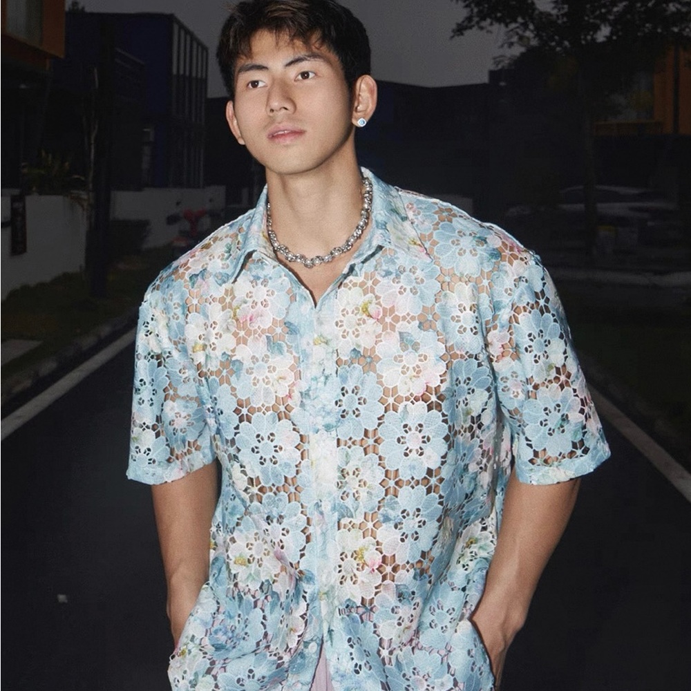 Blue and White Casual Button Down Shirt with Floral Pattern